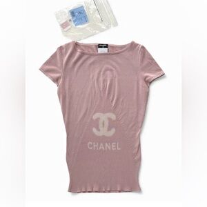 New CHANEL Pink CC Print Cotton & Silk Knit Top | Size EU 38